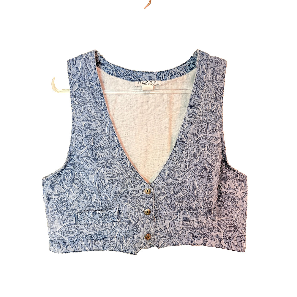 Stampede Denim Vest Size L Vintage Blue Floral Pattern